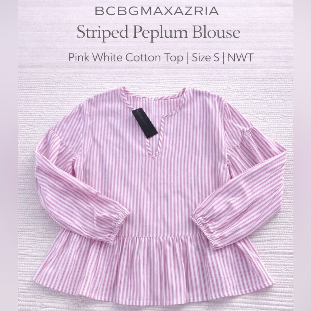 BCBGMAXAZRIA Striped Peplum Blouse Pink White Cotton Top Size S NWT